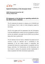 Statement by the Spanish Presidency of the Council of the European Union on Permanent Council Decision No. 939 on spending authority for the OSCE Centre in Bishkek