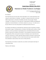 Statement by the Delegation of the United States of America on on the Freedom of Media in Azerbaijan