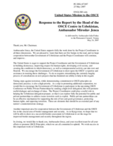 Statement by the Delegatio of the United States in Response to the Report by the Head of the OSCE Centre in Uzbekistan, Ambassador Miroslav Jenca