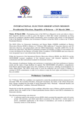 Belarus, Presidential Election, 19 March 2006: Preliminary Statement Belarus, Presidential Election, 19 March 2006: Preliminary Statement