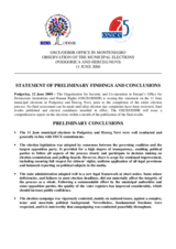 Montenegro, Municipal Elections, 11 June 2000: Preliminary Statement