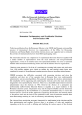 Romania, Parliamentary and Presidential Elections, First Round, 3 November 1996: Press Release Romania, Parliamentary and Presidential Elections, First Round, 3 November 1996: Press Release
