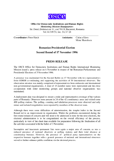 Romania, Parliamentary and Presidential Elections, Second Round, 17 November 1996: Press Release Romania, Parliamentary and Presidential Elections, Second Round, 17 November 1996: Press Release
