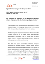 Statement by the Spanish Presidency of the Council of the European Union in response to the address by the Minister for Foreign Affairs of Ukraine, Kostyantyn Gryshchenko