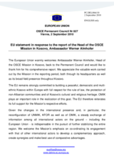 Statement by the Belgian Presidency of the Council of the European Union in response to the report by the Head of the OSCE Mission in Kosovo, Ambassador Werner Almhofer
