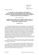 Statement by Tajikistan, Mr. Bakhrom Abdulkhakov, Deputy Head of Department of Correctional Facilities, Ministry of Justice, Republic of Tajikistan