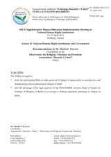 Recommendations by Mr. Ferrero, Observatory for Religious Tolerance and Freedom Associazione "Dossetti, i Valori", Italy