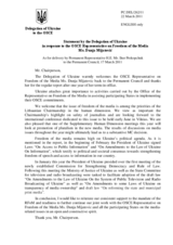 Statement by the Delegation of Ukraine in response to the report by the OSCE Representative on Freedom of the Media, Ms. Dunja Mijatović