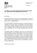Statement by the Delegation of the United Kingdom on the request to avoid arms control verification activities during the upcoming Olympic Games, to be held in London from 14 July to 12 September 2012