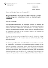 Mongolei: Ratifikation des zweiten Fakultativprotokolls zum UNO Pakt über bürgerliche und politische Rechte zur Abschaffung der Todesstrafe