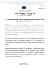 Statement by the Danish Presidency of the Council of the EU on the arrest of opposition party members and a journalist in Kazakhstan