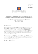 Statement by the Delegation of Norway in response to the statement by the Cypriot Presidency of the Council of the EU on the European Union Strategic Framework and Action Plan on Human Rights and Democracy
