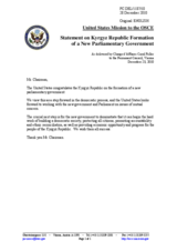 Statement by the Delegation of the United States on the establishment of a new coalition government in Kyrgyzstan