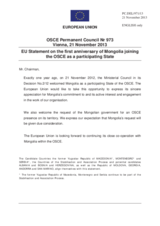 Statement by the Lithuanian Presidency of the Council of the EU on the First anniversary of Mongolia’s accession to the OSCE as the fifty-seventh participating State