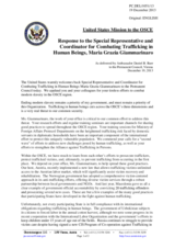 Statement by the Delegation of the United States in response to the report by the OSCE Special Representative and Co-ordinator for Combating Trafficking in Human Beings, Dr. Maria Grazia Giammarinaro