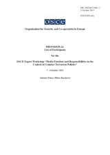 Expert Workshop on “Media Freedom and Responsibilities in the Context of Counter- Terrorism Policies”, 7-8 October 2015: Provisional List of Participants