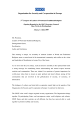 Opening remarks by the OSCE Secretary General Marc Perrin de Brichambaut, at the 3rd Congress of Leaders of World and Traditional Religions, Astana, 1-2 July 2009