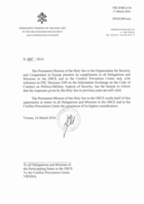 Response by the Delegation of the Holy See to the Questionnaire on the Code of Conduct on Politico-Military Aspects of Security Response by the Delegation of the Holy See to the Questionnaire on the Code of Conduct on Politico-Military Aspects of Security