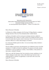 Intervention de M. Robert Kvile, Ambassadeur, Représentant permanent de la Norvège auprès de l'OSCE concernant l'attaque terroriste de Nice