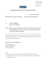 Outcomes and recommendations: Media Freedom and Responsibilities in the Context of Counter-Terrorism Policies, Bucharest, 7-8 October 2015.