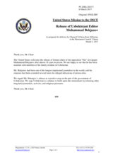 Statement by the Delegation of the United States of America on the release of the former chief editor of the opposition newspaper Erk Mr. M. Bekjanov in Uzbekistan