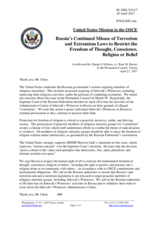 Statement by the Delegation of the United States of America on the misuse of laws on terrorism and extremism to restrict freedom of thought, conscience, religion or belief in the Russian Federation