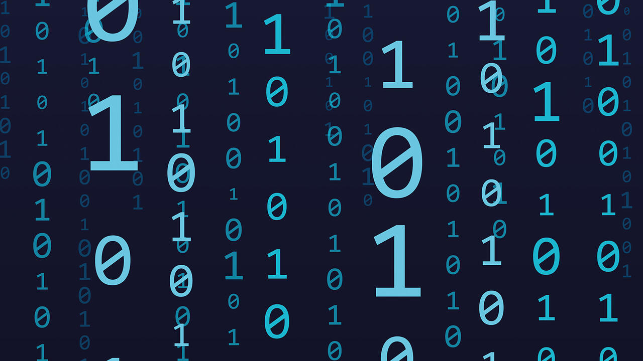 Binary code with blue zeros and ones on a dark background.